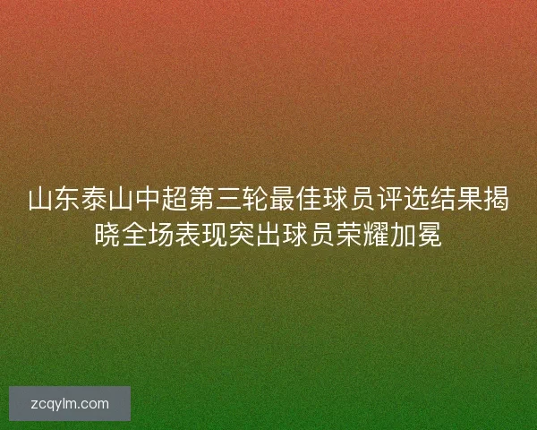 山东泰山中超第三轮最佳球员评选结果揭晓全场表现突出球员荣耀加冕